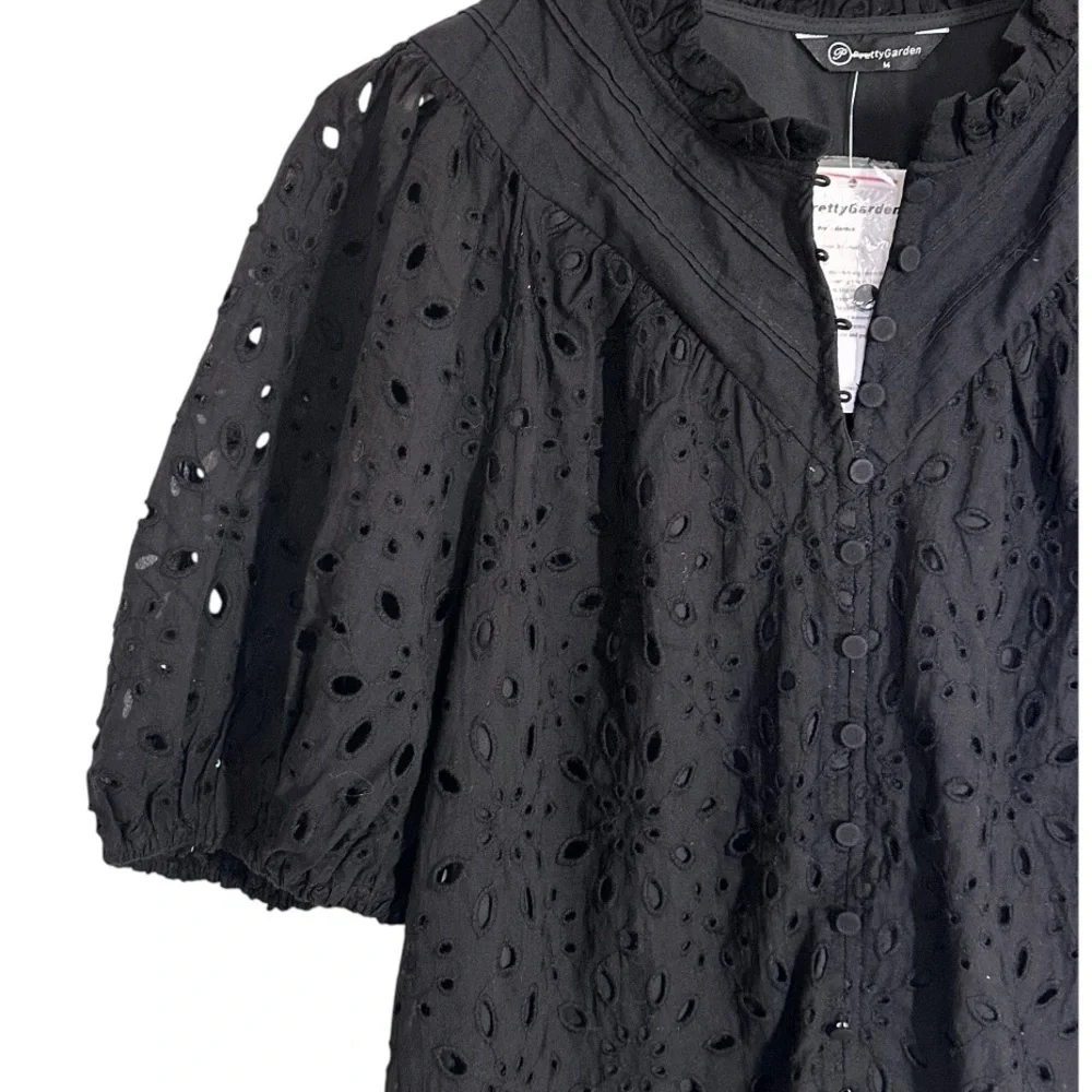 Pretty Garden Eyelet Short Lantern Puffy Sleeve  Blouse Black Size XL - Picture 3 of 7